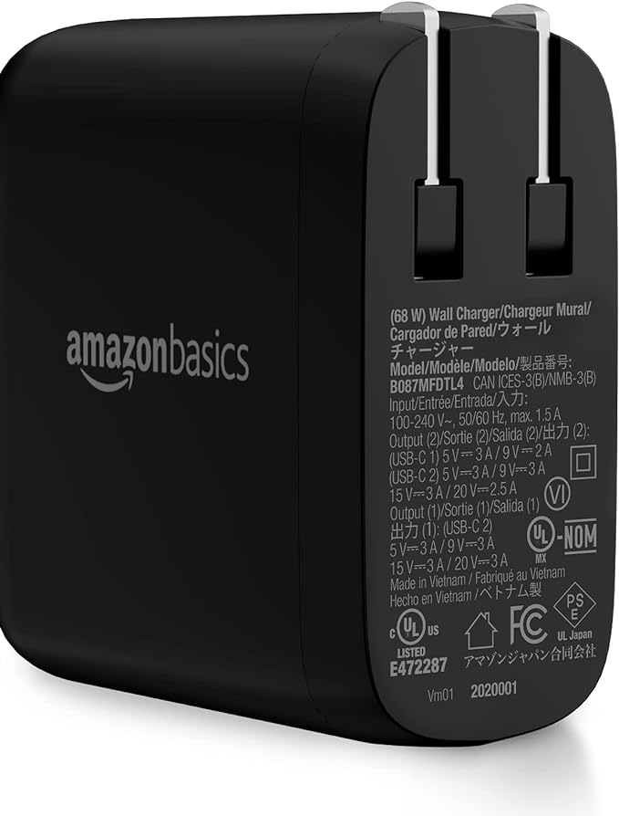 Amazon Basics 68W Two-Port GaN Wall Charger with 1 USB-C (60W) &amp 1 USB-A Ports (18W) with PD for Laptops Tablets &amp Phones (iPhone 16/15/14/13/12/11/X iPad MacPro Samsung More) Non-PPS B