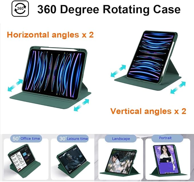 iPad Pro 11 Case 4th/3rd/2nd/1st Gen Balck | 360° Rotating Pencil Holder Compatible with 2022/2021/2020/2018 Clear Acrylic Back Auto Sleep/Wake