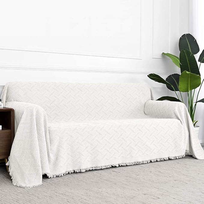 MYSKY HOME White Geometrical Sofa Covers, Couch Cover for 2 Cushion Couch, Sectional Couch Cover Living Room Sofa Throws Sofa Slipcovers for Pets, & Kids (X-Large, 71" x 118", White)