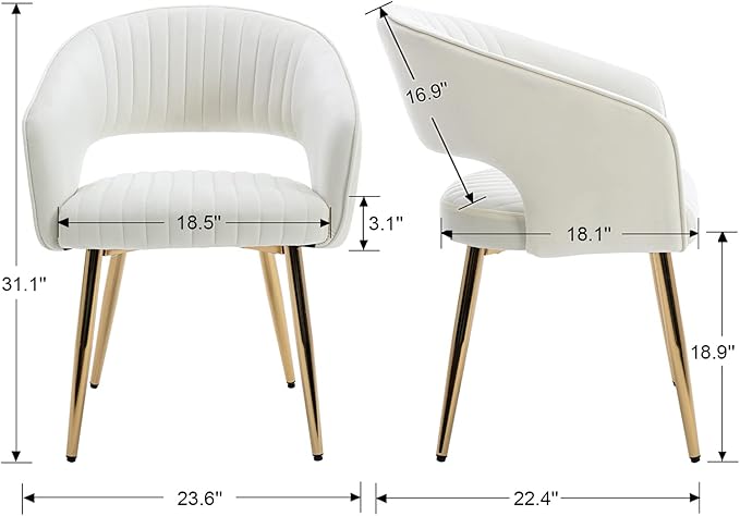 Modern Velvet Dining Chairs Set of 6, Upholstered Gold Dining Room Chairs with Hollow Back, Accent Armrest Kitchen Chairs with Gold Legs for Living Room Reception Beige