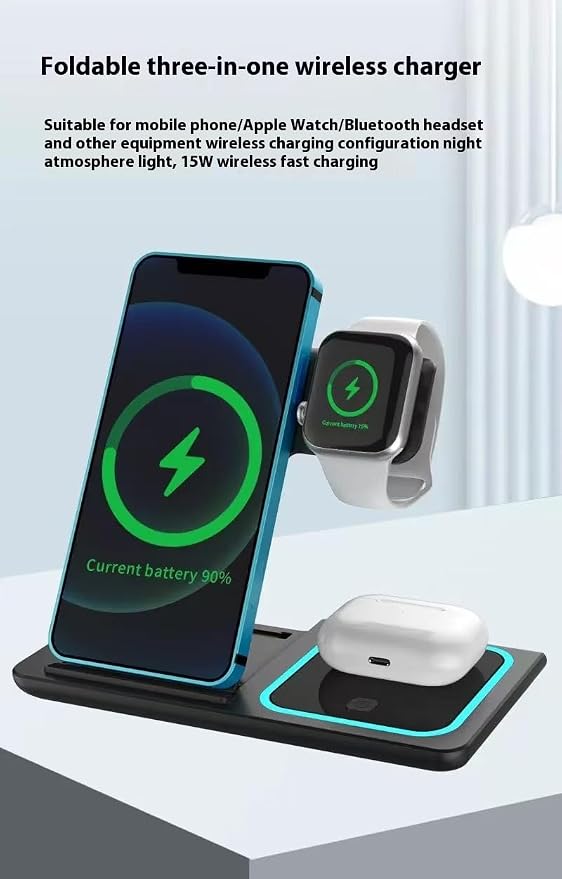 3-in-1 Wireless Charging Station with a Foldable Charging Base Compatible with Multiple Devices Featuring a 15W Fast-Charging Adapter Suitable for iPhone Apple Watch(Black)