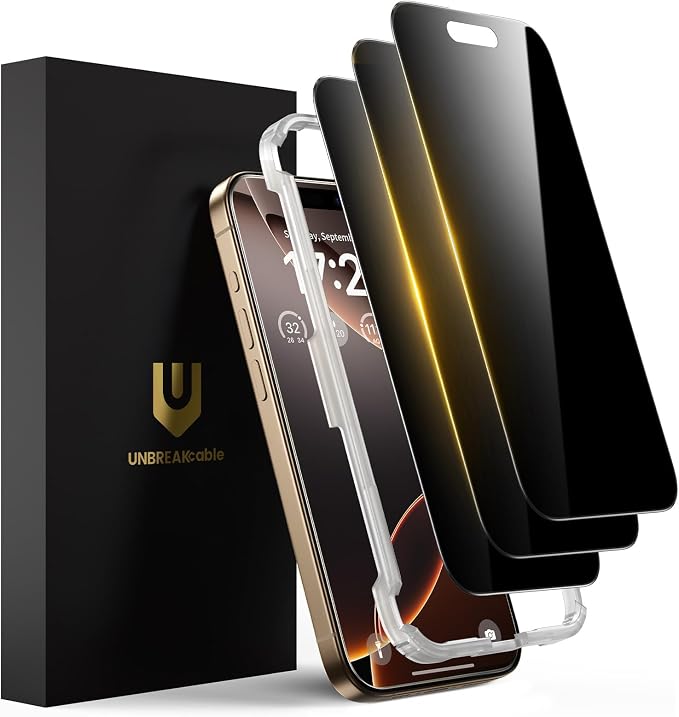 UNBREAKcable Privacy Screen Protector for iPhone 15 (6.1) 25° Anti-Spy Tempered Glass Easy Install Alignment Frame Case-Friendly 9H Hardness Anti-Fingerprint 3-Pack