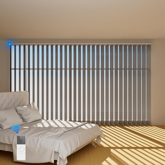 Blindify Motorized Vertical Blinds, Light Filtering Sliding Door Shades Vertical Shades Remote Control Customize, Pure Grey