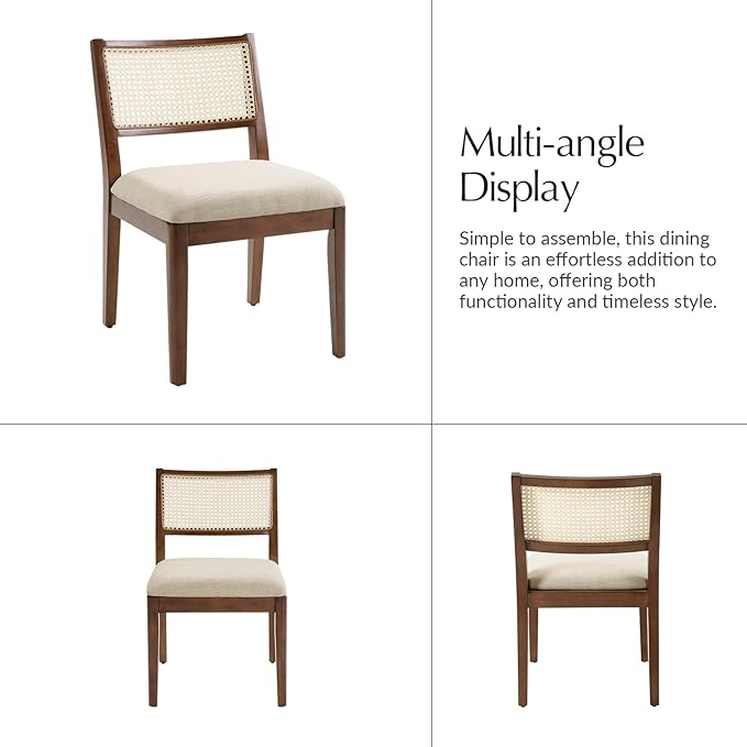 HULALA HOME Rattan Dining Chairs Set of 4, French Solid Wood Kitchen Dining Room Chairs with Curved Back, Upholstered Accent Dinner Cane Chair for Living Room Restaurant, Walnut