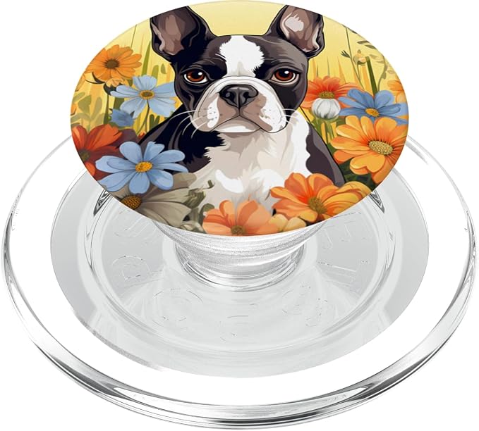 Cute Boston Terrier Spring Flower Garden Colorful Puppy Dog PopSockets Adhesive PopGrip