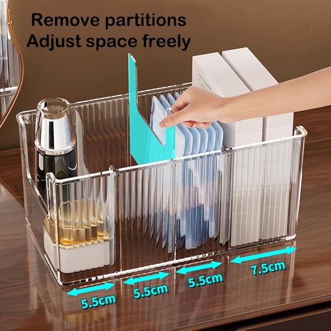 2 Pack Extra Thick Acrylic Makeup Organizer with Removable Dividers - Waterproof Bathroom Storage for Sheet Masks/Essences/Cosmetics, Clear Visible Design, Space-Saving Vanity Organizer