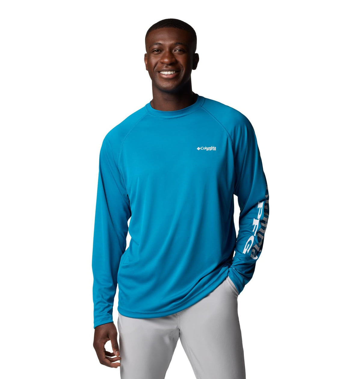 Columbia Men's PFG Terminal Tackle Long Sleeve Fishing Shirt, Blue Echo/White Logo, 4X Tall