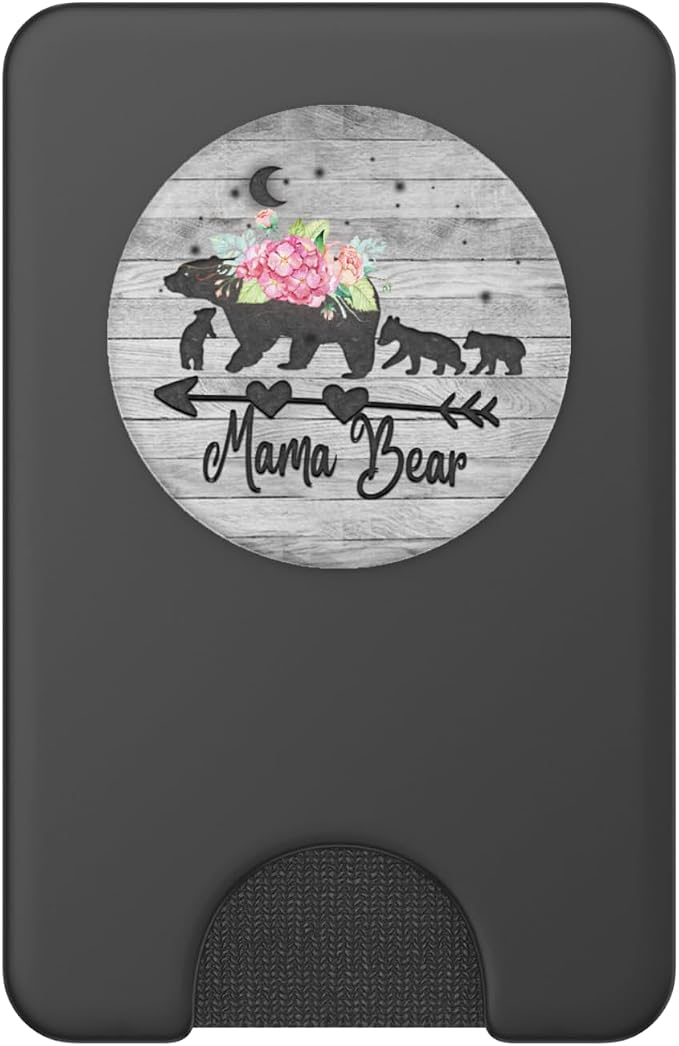 Mama Bear three cubs Pink Floral Flowers Mom mother Grey PopSockets Adhesive PopGrip