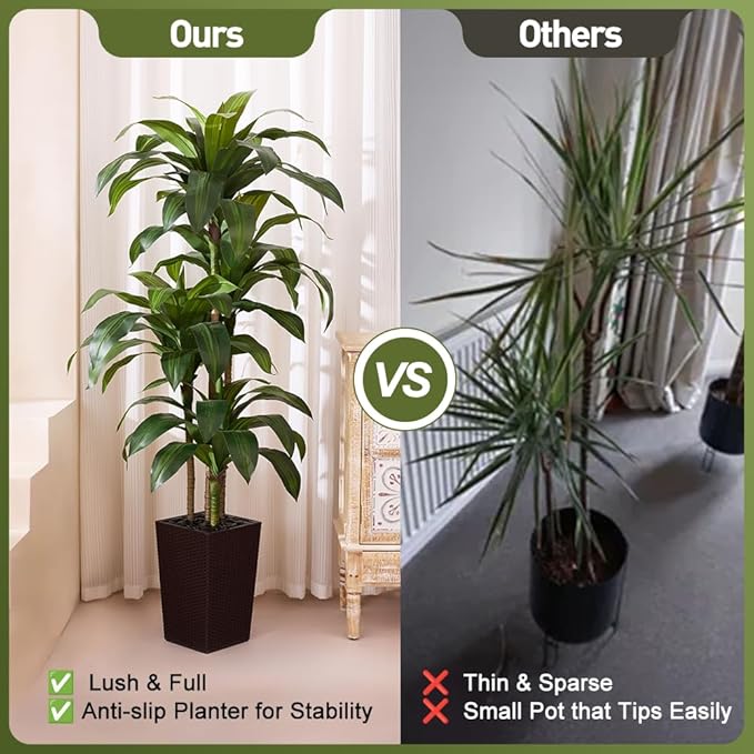 Artificial Dracaena Tree 6FT - Fake Tree with Brown Taper Planter & Pebbles - UV Resistant Faux Yucca Tropical Plant - Artificial Trees for Home Office Living Room Decor Indoor Outdoor