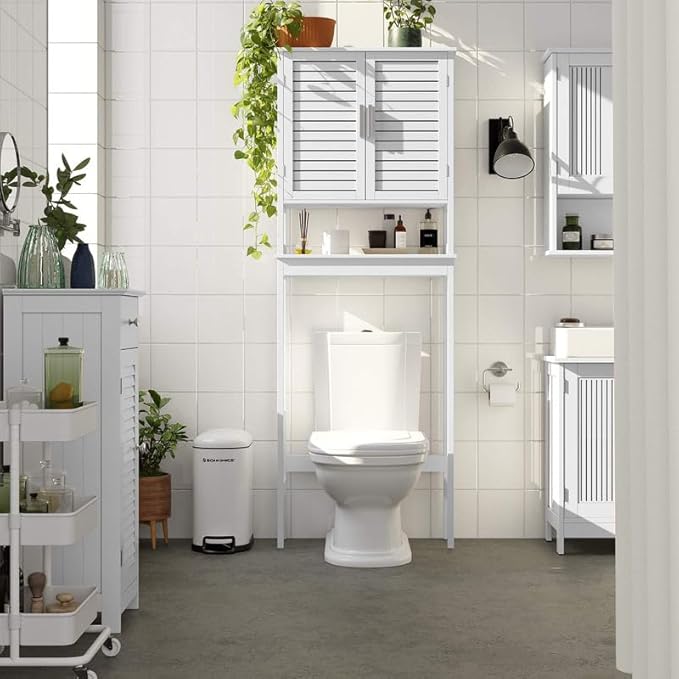 SONGMICS Over The Toilet Storage Cabinet, Bathroom Cabinet with Adjustable Inside Shelf and Bottom Stabilizer Bar, Space-Saving Toilet Rack, Cloud White UBTS010W01