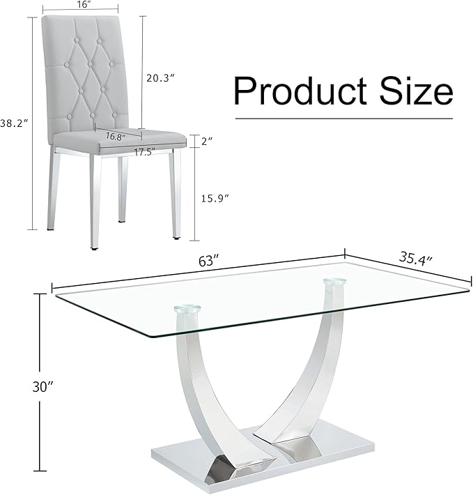 Modern Dining Table Set for 4,Dining Room Table Set for 4,Kitchen Table Set with 4 PU Leather Chairs,63'' Glass Dining Table Set with Silver U-Shaped Table Legs and Rectangular Base