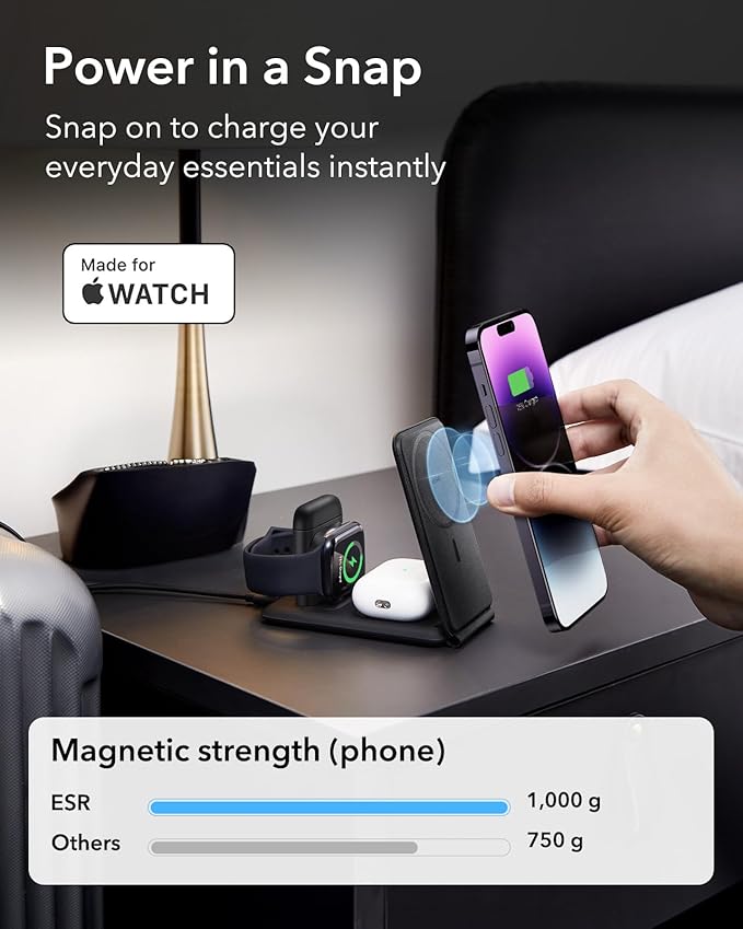 ESR 3 in 1 Charger for Magsafe, Travel Charger Stand for Magsafe, Made for Apple Watch Certified, Foldable Charging Station Compatible with iPhone 17/16/15/14/13/12, AirPods Pro, Black