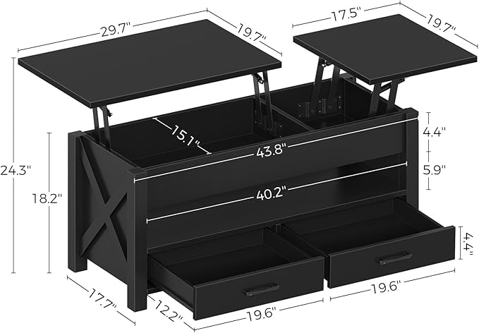Seventable Coffee Table, 47.2" Lift Top Coffee Table with 2 Storage Drawers and Hidden Compartment, X Wood Farmhouse Support, Retro Center Table with Lift Tabletop for Living Room,Black