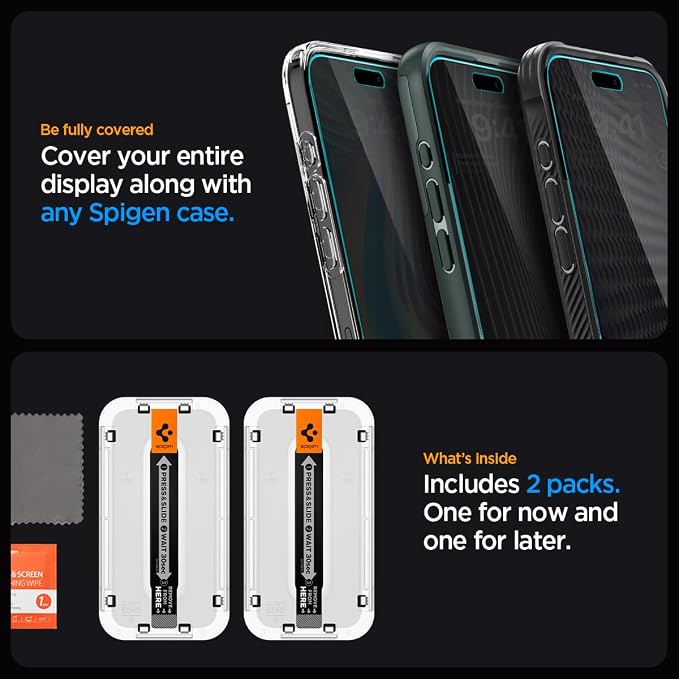 Spigen Tempered Glass Screen Protector [GlasTR EZ FIT - Privacy] Designed for iPhone 15 Pro [Case Friendly] - 2 Pack