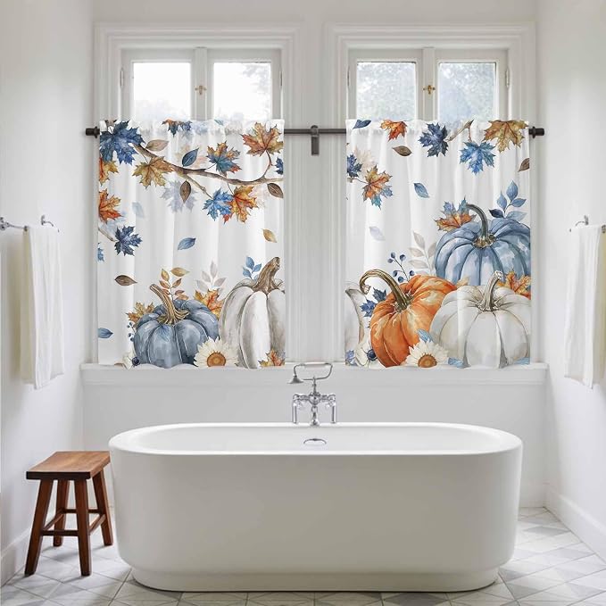 Navy Blue Pumpkin Fall Kitchen Tier Curtains 45 Inch Long 2 Panel Set, Rod