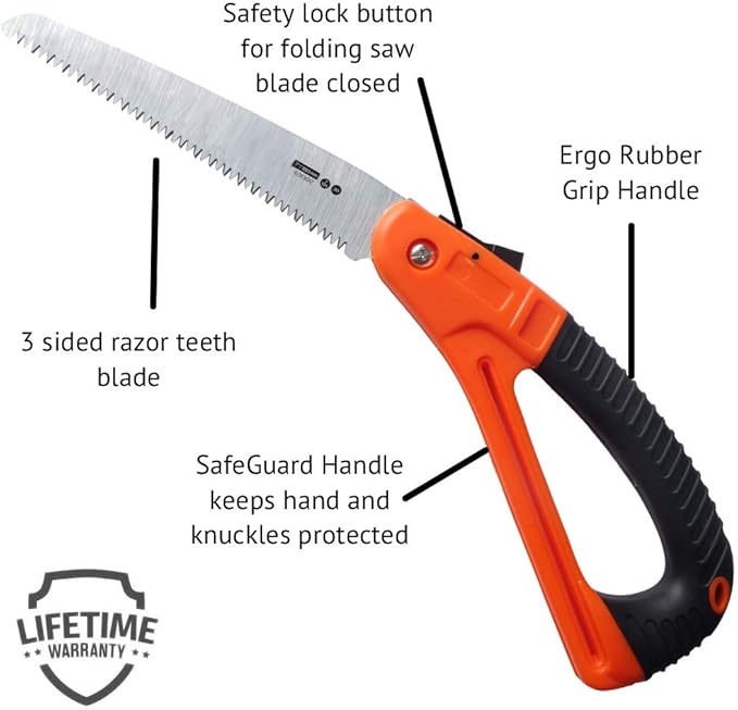 Edward Tools Harden Folding Pruning Saw with SafeGaurd Handle - 7” Hight Hardness Steel 3 Sided Razor Tooth Blade for Cutting Trees and Limbs - Saw for Camping, Hunting, Wood Clearing
