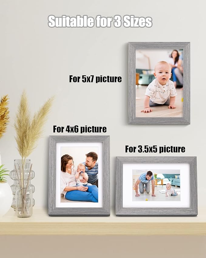 Egofine 5x7 Picture Frame Made of Solid Wood with Plexiglass, Display Pictures 3.5x5/4x6 with Mat or 5x7 Without Mat for Tabletop and Wall Mounting, Oak Grey