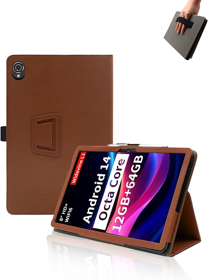 Case for Topsand M8 Android 14 Tablet 8 inch TabletsUYRUREL Leather Slim Folding Stand Cover with Hand Strap Magnet for Men Women Full ProtectionBlack.