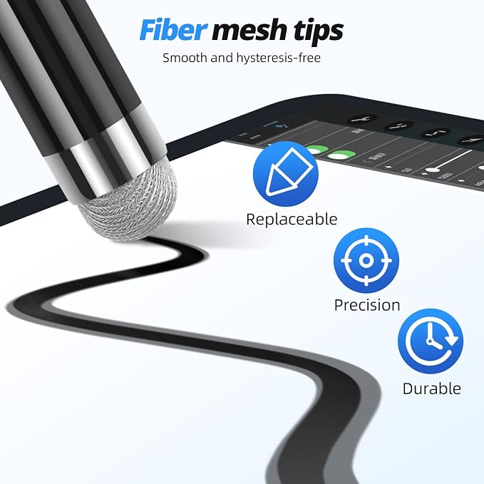 Extra Long Stylus pens for Touch Screens [5 Pack Fiber mesh Tips] Compatible for iPad iPhone Android Tablet Laptop Surface Chromebook High Sensitivity &amp Fine Point Capacitive Pen
