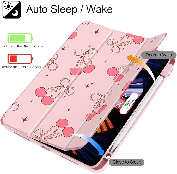 May Chen Case for iPad 12.9 Inch (6th/5th/4th/3rd Generation 2022/2021/2020/2018) Pencel Holder + Trifold Support Auto Sleep/Wake Transparent Shockproof Back Cover Blue Bows