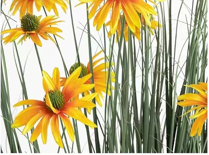 46" UV Resistant Artificial Grass Plant with 9 Realistic Yellow Echinacea Flowers - Indoor/Outdoor Fake Plants for Patio, Living Room, Porch Decor - All Weather Faux Floor Plant 2-Pack