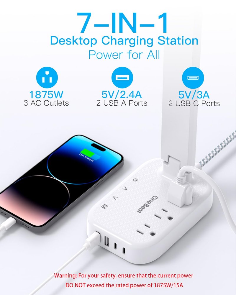 One Beat Small LED Desk Lamp Power Strip 5ft Extension Cord with 3 Outlets 4 USB Ports(2 USB C), 4 Modes, 5 Level Touch Lamp Study Reading Light, Home Office Bedroom College Dorm Room Essentials,White