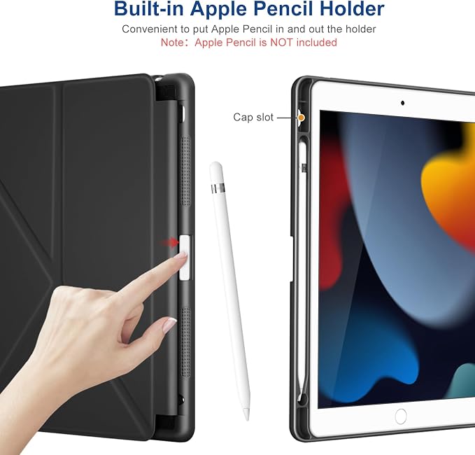 DTTO Foldable Case for for iPad 9th/8th/7th Generation 10.2-inch Black | Origami Magnetic Standing Cover with Pencil Holder，Vertical &amp Horizontal angles Auto Sleep/Wake