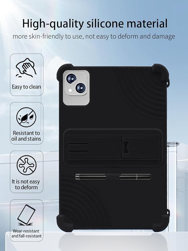 for NRKDUBQ J12A Android 15 Tablet11 inch Tablets CaseUYRUREL Soft Silicone Adjustable Stand Cover Lightweight Kids Friendlywith Capacitive PenBlack.
