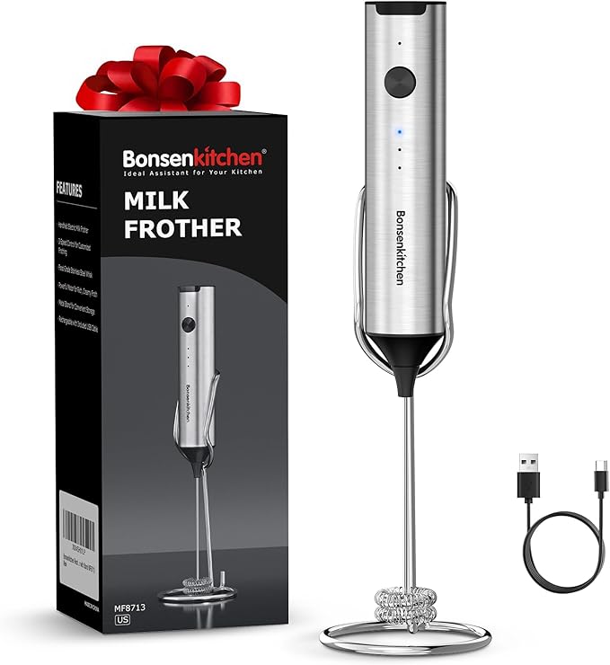 Bonsenkitchen Rechargeable Milk Frother with Stand, 3-Speed Handheld Coffee