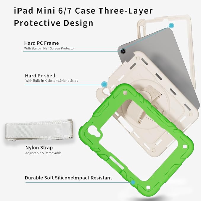 for iPad mini 7 A17 Pro/iPad mini 6 8.3 Inch Case iPad mini 7th/6th Generation Case (2024/2021) with Pencil Holder/Kickstand Hand Strap/Shoulder Strap Black