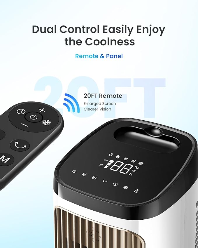 PNTCK Tower Fans with Ice Packs, 12H Timer, 4 Modes, 3 Speeds, 20FT Remote, 80° Oscillating, 36” Portable Evaporative Air Cooler with Remote Control, Platinum Swamp Cooler for Bedroom, Living room