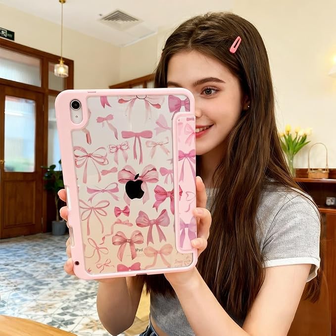 for iPad A16 11 Inch 2025 /for iPad 10th Generation 10.9 Inch 2022 Cute iPad Black Case with Pencil Holder-[Auto Wake/Sleep] Trifold Stand Soft TPU Protective Cover Pink Bows
