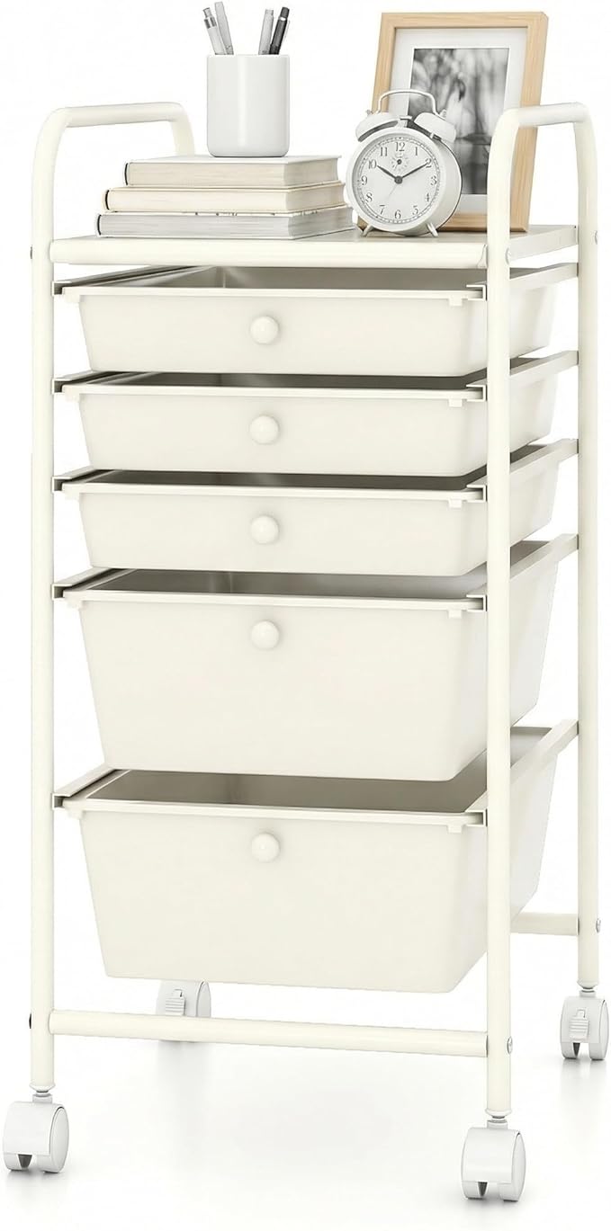 COSTWAY 6-Drawer Rolling Storage Cart, Multifunctional Art Craft Tools Organizer on Wheels, Heavy Duty Utility Mobile Storage Trolley w/ 2 Lockable Wheels for Home Office School (White)