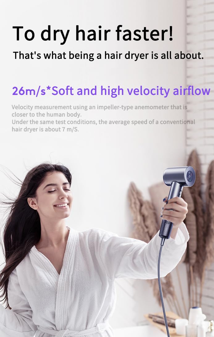Hair Dryer, 110000 RPM Professional High Speed Blow Dryer Negative Ionic Care Hair Dryer for Fast Drying, Low Noise, HD Display Hairdryer for Curly Straightener, Thermo-Control Hairdryer with Nozzle