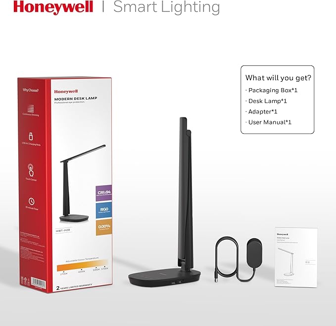 Honeywell LED Desk Lamp - HWT-H2 Sunturalux™ Eye-Caring Foldable Desk Light with USB A+C Dual Charging Port 4 Color Modes Dimmable Table Lamp for Home Office Bedroom Reading Study Work - Black
