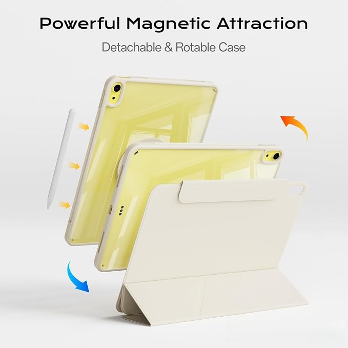 Clear Case for iPad A16 11th Generation 11 inch 2025 &amp iPad 10th Gen 10.9 inch 2022 with Pencil Holder Detachable Magnetic Rotating Transparent Hard PC Back Auto Wake/Sleep Trifold &amp Y Stan