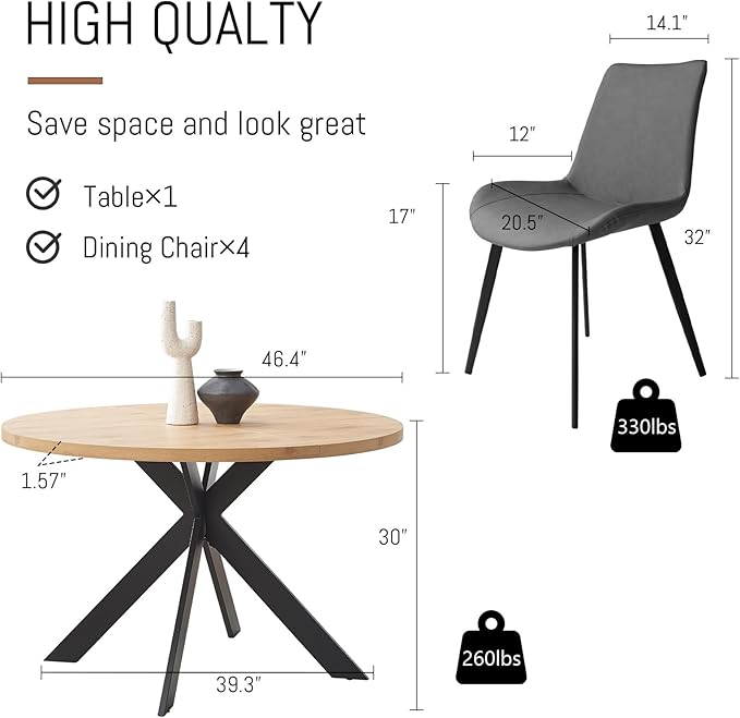 46.4" Round Dining Table Set, Mid Century Modern Round Dining Table for 4-6 Person, w/Steel Legs, Coffee Table for Kitchen Dining Room, Office, Save Space