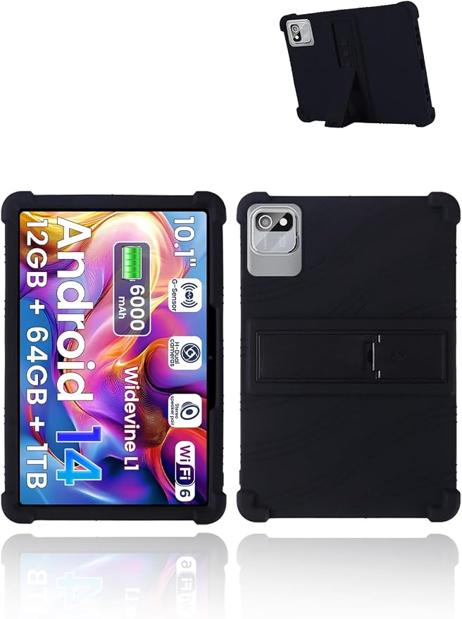 for tabtrust T10B-B Android 14 Gaming Tablet10.1 2.5K Ultra Clear Display Tablet Model CaseSoft Silicone Adjustable Stand Cover Lightweight Kids FriendlyBlack.
