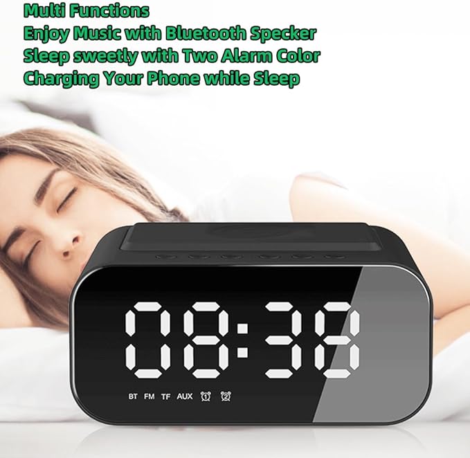 IHAO 7in1 Multifunctional Digital Alarm Clock with 15W Fast Wireless Charger Bluetooth Speaker LED Display Clock FM Radio TF Card, AUX Input, USB Port Dual Alarm for Bedroom and Office-BT510 Black