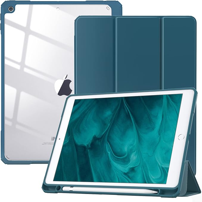 TiMOVO Case for iPad 9th/8th/7th Generation 10.2 inch Black | Pencil Holder Slim Trifold Stand Protective Cover Clear Transparent Back Shell Auto Wake/Sleep