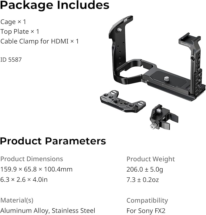 SmallRig Camera Cage for Sony FX2, HawkLock Quick Release FX2 Cage with Top Plate, Cable Clamp for HDMI, Multiple Mounting Points, Camera Rig Compatible with Original XLR Top Handles - 5587