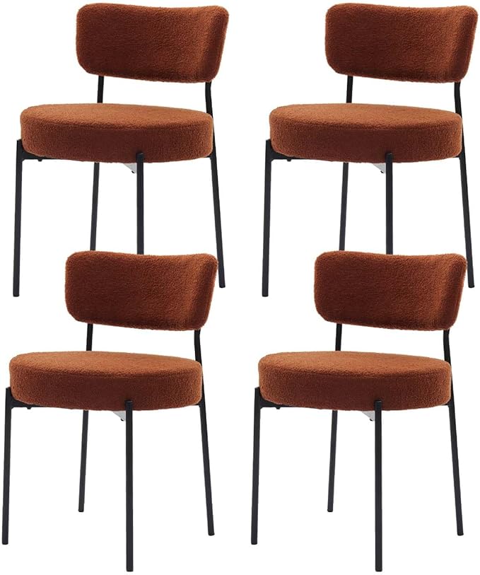 Brown Boucle Dining Chairs Set of 4, Upholstered Dinner Chair with Metal Frame, Dining Room Chairs with Padded Seat, Round Modern Seating for Living Room