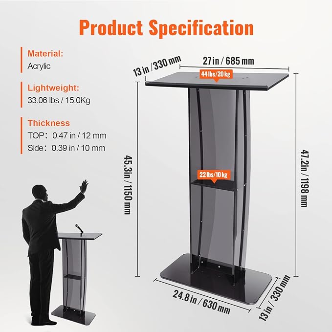 VEVOR Acrylic Podium, 47" Acrylic Podium Stand with Wide Reading Surface & Storage Shelf, Floor-Standing Clear Pulpits Acrylic for Church Office School, Black
