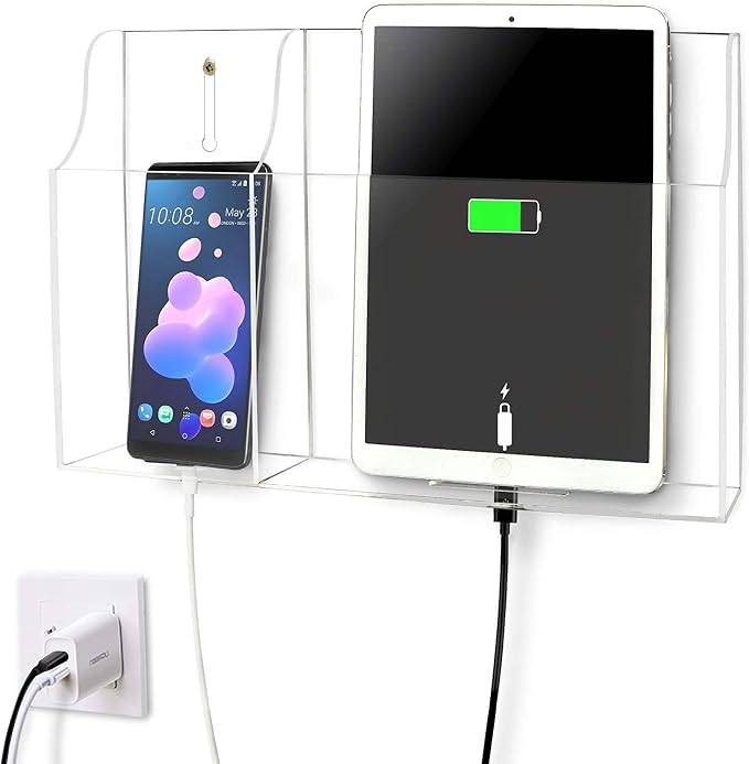 Clear Wall Tablet Holder Acrylic Wall Mounted Phone Holder for iPad Remote Control Holder Laptop Stand for eReader Storage Caddy with Charging Holes for Kindle iPhone