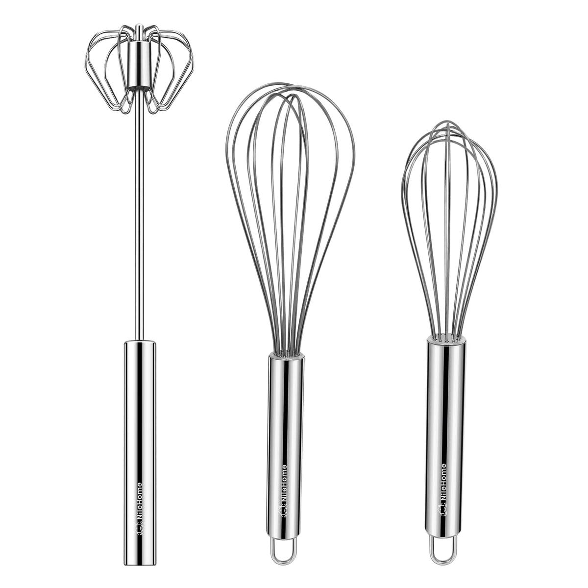 NileHome Stainless Steel Whisk Set 8" 10" + 12" Semi-Automatic Rotary