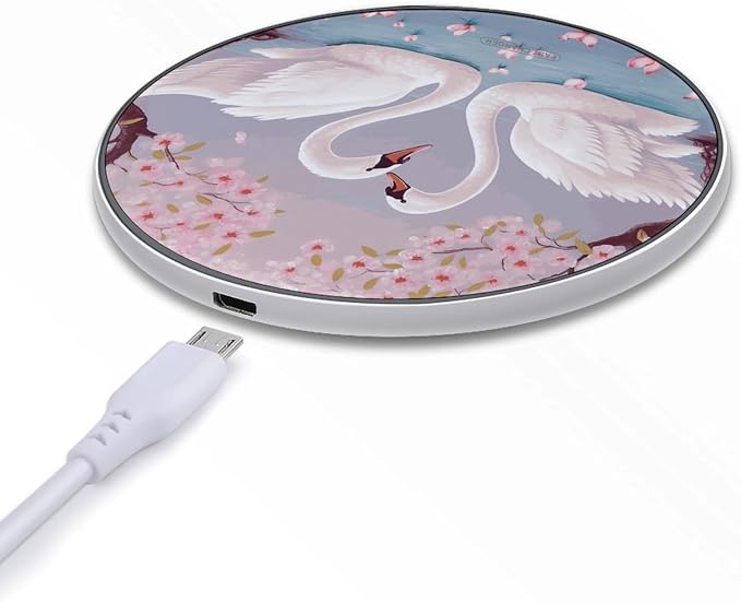White Swans with Pink Floral Tree Wireless Charger 10W Qi-Certified Fast Wireless Charging Pad with USB Cable &amp LED Indicator Fashion Charger Mat Portable Charging Station for All Qi-Enabled Phon