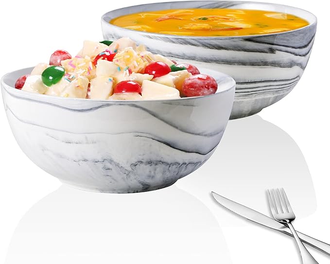 Yundu 9'' Deep and Large Mixing Bowls,84 oz Porcelain Serving Bowls for Pasta Fruit Soup Salad, Set of 2-Grey Marbled