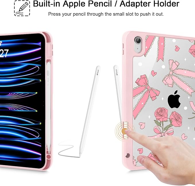 Tuiklol Case for iPad Air 11 Inch M4 2026 / Air 11 Inch M3 2025 / Air 11 Inch M2 2024 / iPad Air 10.9 Inch 2022 2020 Buit in Pencil Holder with Shockproof Cover Clear Transparent Back Black Flower