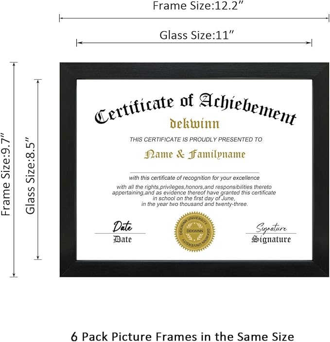 8.5x11 Picture Frames Certificate Document Frame Set of 6 with Real Glass, Diploma Frame for Wall Gallery or Tabletop display in Black