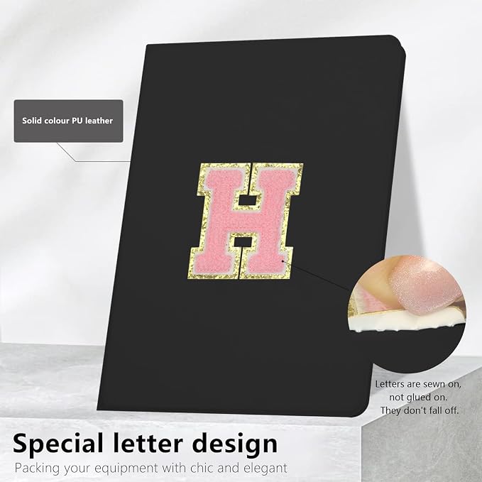for iPad 9th Generation 10.2 Inch 2021/2020/2019 Case Initial Chenille Letter Suture Personalized for iPad 9th/8th/7th Generation Case with Auto Sleep/Wake Pencil Holder (Black A)